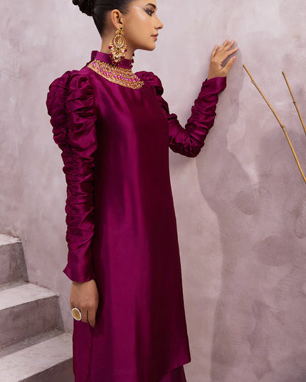 Sabrina | Magenta Silk Embellished Suit with Velvet Shawl