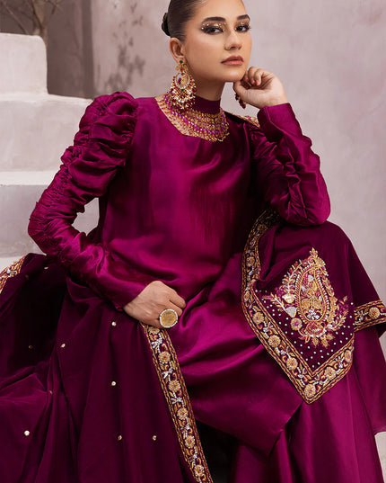 Sabrina | Magenta Silk Embellished Suit with Velvet Shawl