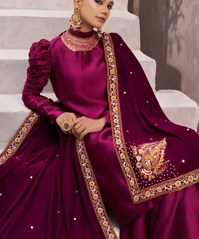 Sabrina | Magenta Silk Embellished Suit with Velvet Shawl