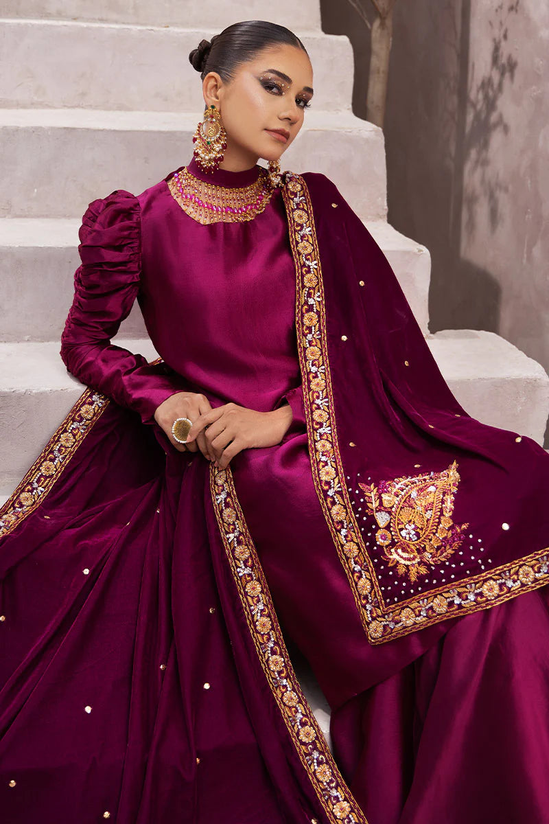 Sabrina | Magenta Silk Embellished Suit with Shawl