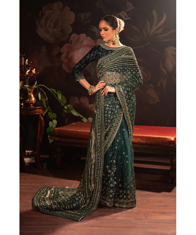 Iznik | Teal Embroidered Net Velvet Saree