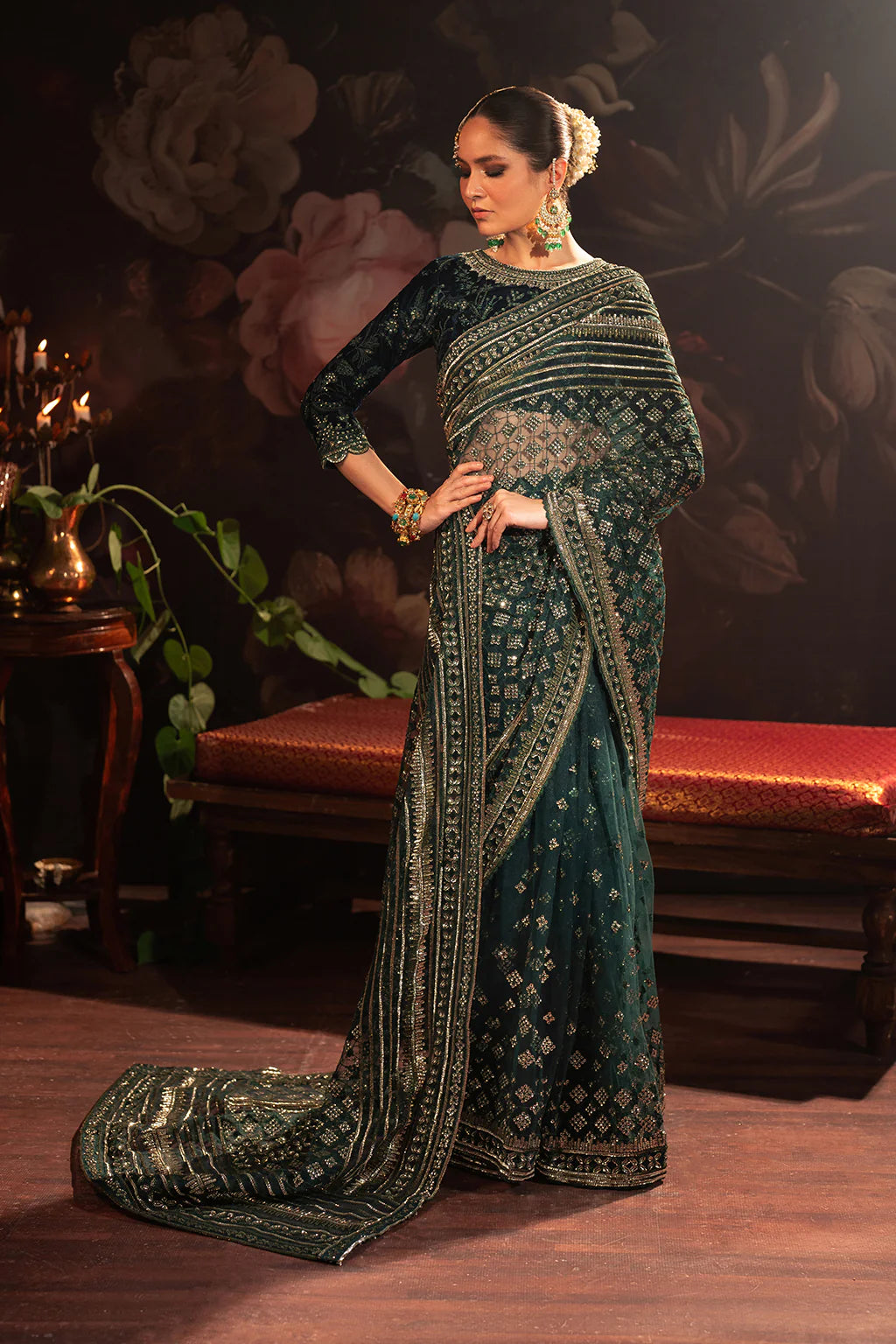 Iznik | Teal Embroidered Net Velvet Saree