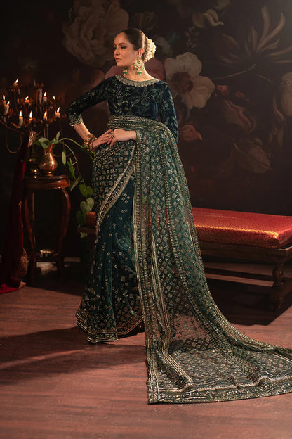 Iznik | Teal Embroidered Net Velvet Saree