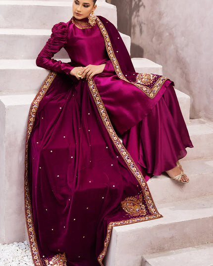 Sabrina | Magenta Silk Embellished Suit with Velvet Shawl