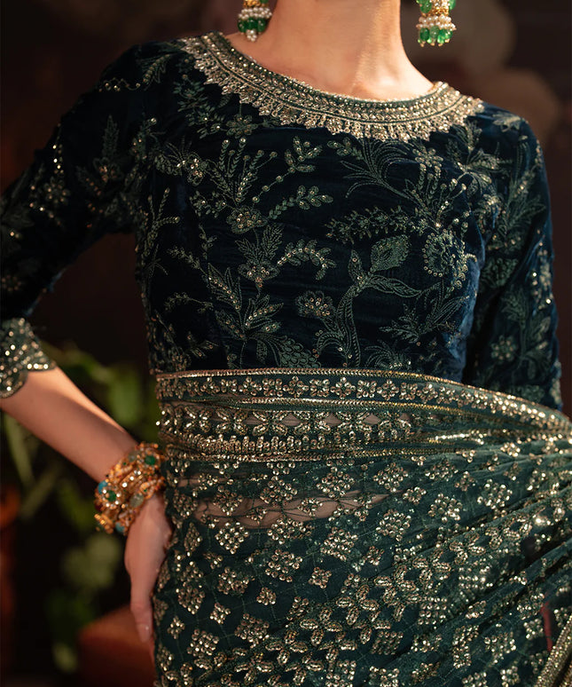 Iznik | Teal Embroidered Net Velvet Saree