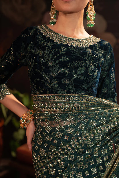 Iznik | Teal Embroidered Net Velvet Saree