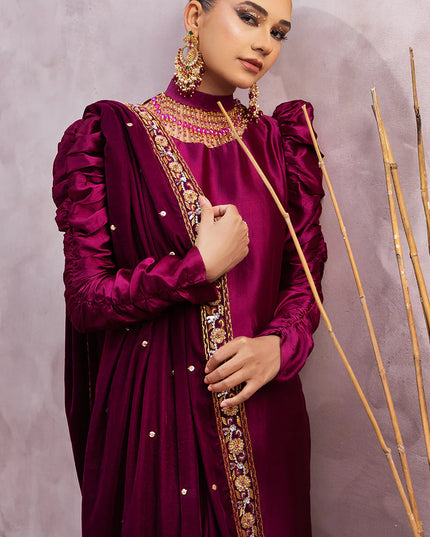 Sabrina | Magenta Silk Embellished Suit with Velvet Shawl