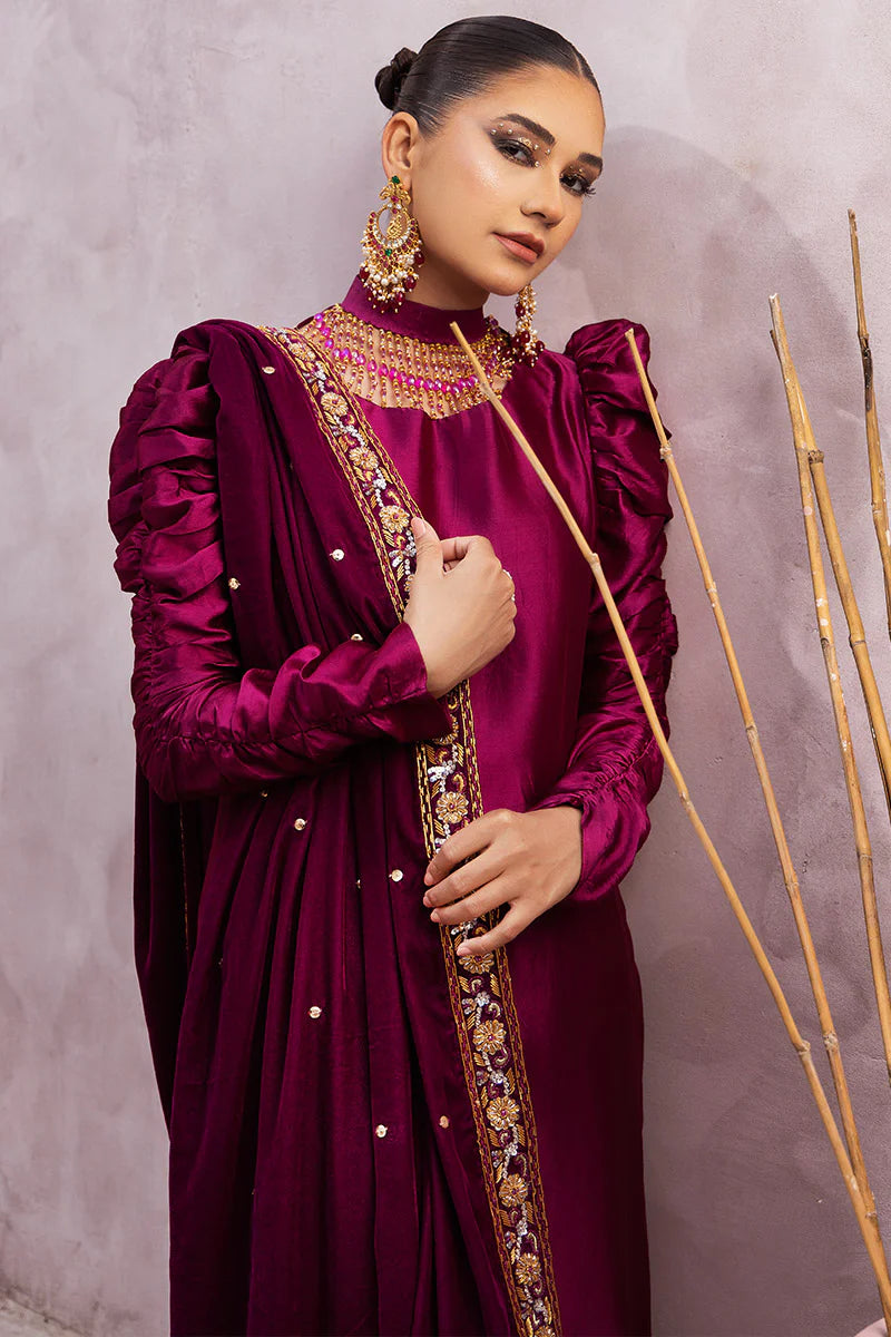 Sabrina | Magenta Silk Embellished Suit with Shawl