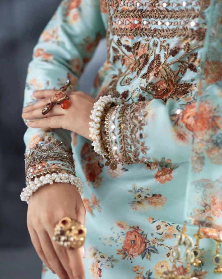 Cyan | Sea Green Embellished Silk Suit