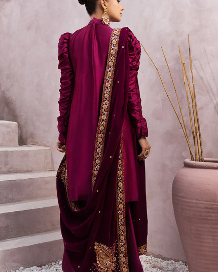 Sabrina | Magenta Silk Embellished Suit with Velvet Shawl