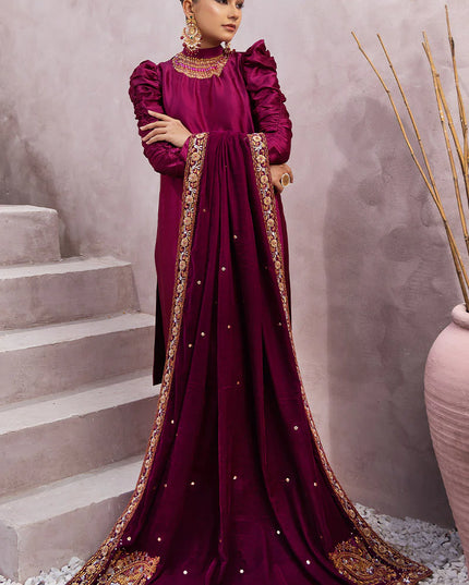 Sabrina | Magenta Silk Embellished Suit with Velvet Shawl