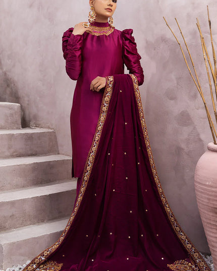 Sabrina | Magenta Silk Embellished Suit with Velvet Shawl
