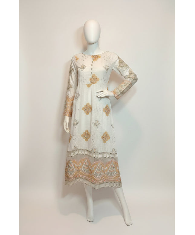 White dress with floral patterns on a mannequin against a plain background