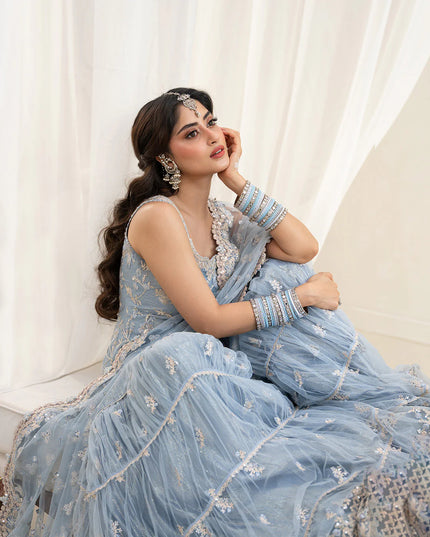 Faiza Saqlain | Ice Blue Net Embroidered Gharara