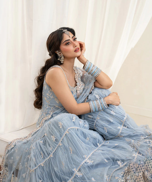 Faiza Saqlain | Ice Blue Net Embroidered Gharara