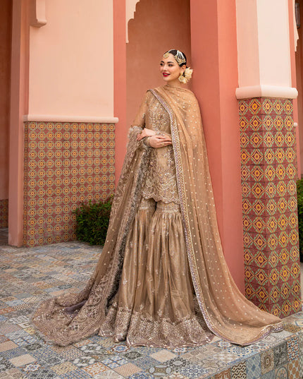 Faiza Saqlain | Golden Brown Embroidered Embellished Gharara