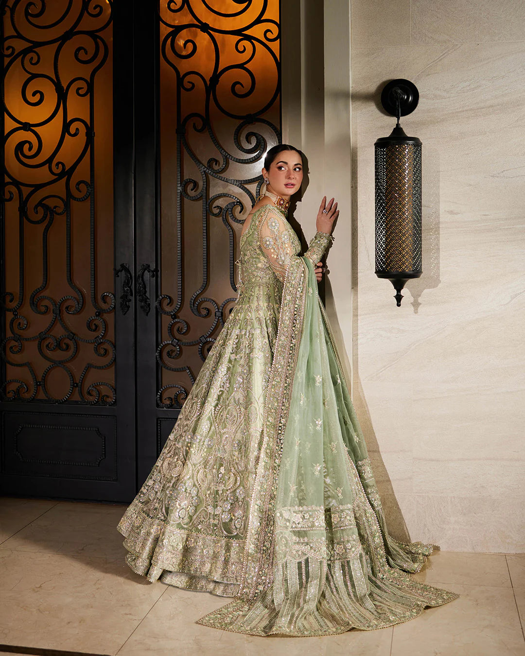Faiza Saqlain | Mint Green Net Embroidered Maxi Dress