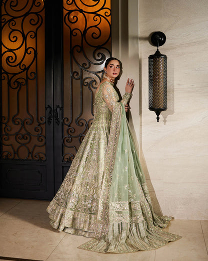 Faiza Saqlain | Mint Green Net Embroidered Maxi Dress