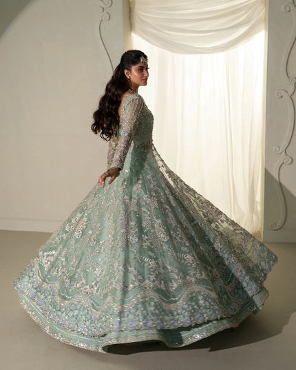 Faiza Saqlain | Mint Green Organza Embroidered Embellished Maxi Gown