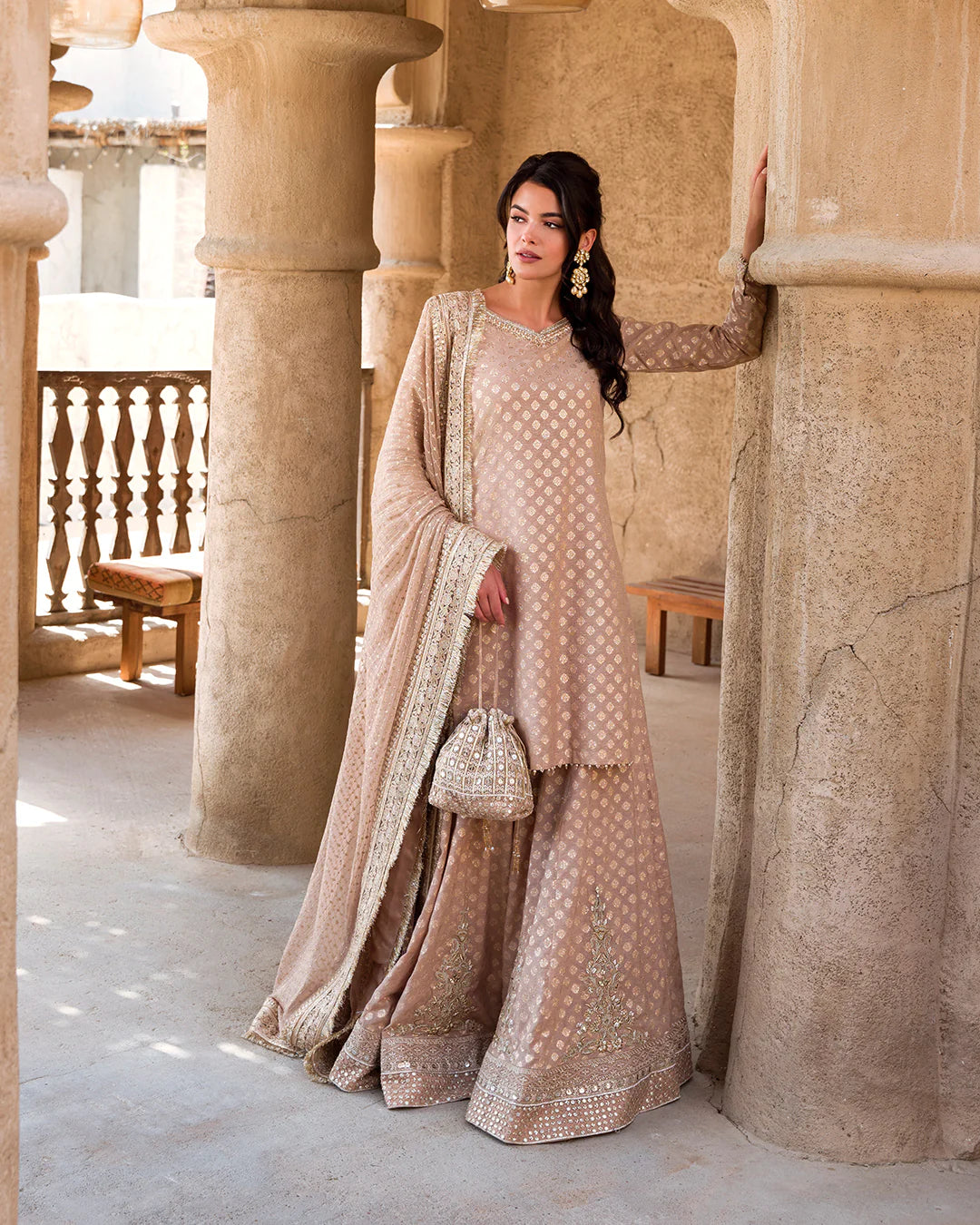 Faiza Saqlain | Rose Gold Embroidered Karandi Sharara