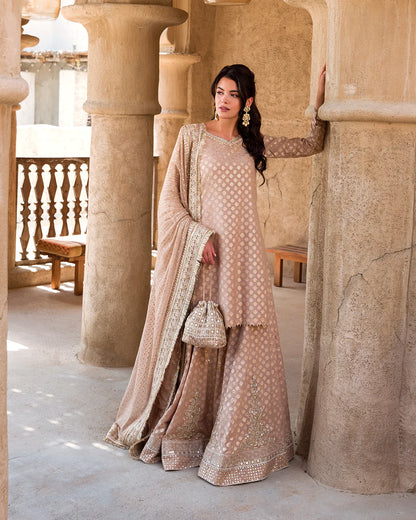 Faiza Saqlain | Rose Gold Embroidered Karandi Sharara