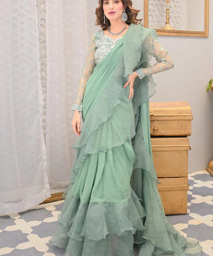 Fern | Mint Green Ruffled Chiffon Saree