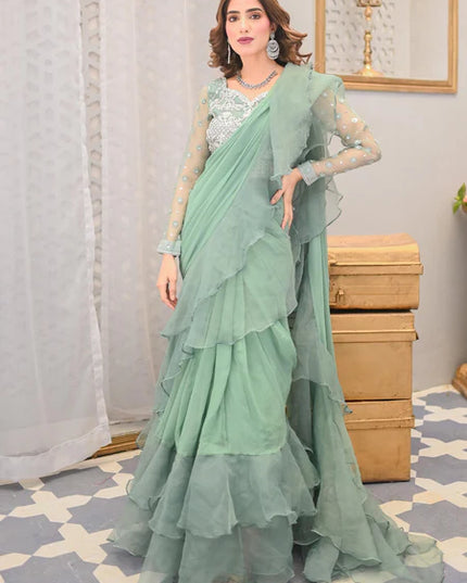 Fern | Mint Green Ruffled Chiffon Saree