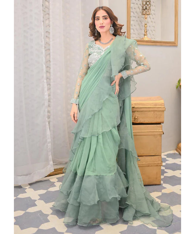 Fern | Mint Green Ruffled Chiffon Saree
