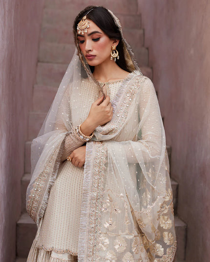 Faiza Saqlain | Off White Embroidered & Embellished Karandi Gharara