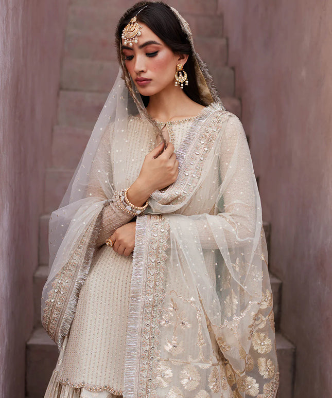 Faiza Saqlain | Off White Embroidered & Embellished Karandi Gharara