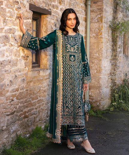 Faiza Saqlain | Teal Embroidered Velvet Suit