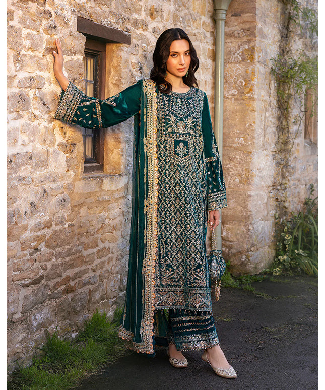 Faiza Saqlain | Teal Embroidered Velvet Suit