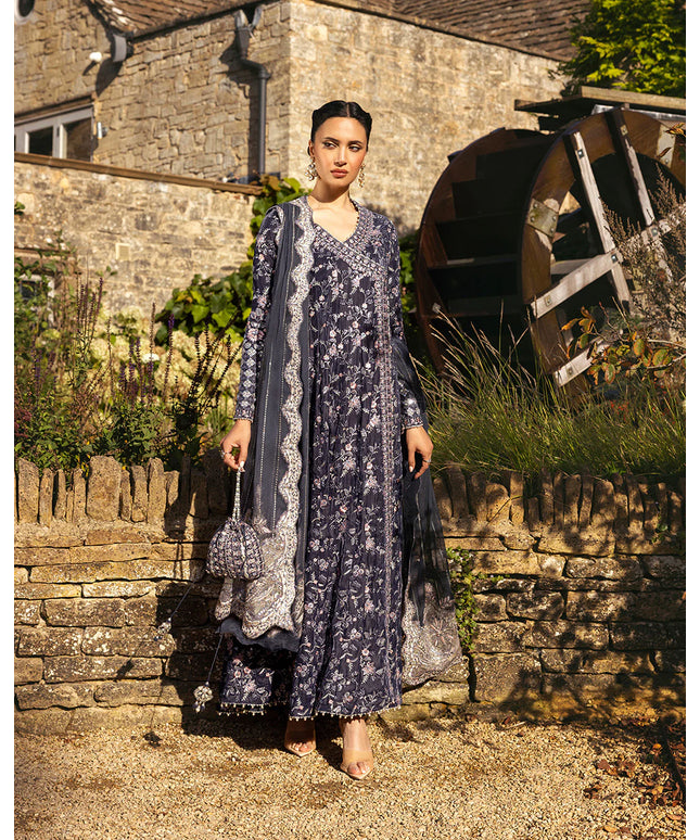 Faiza Saqlain | Charcoal Grey Embroidered Velvet Angrakha