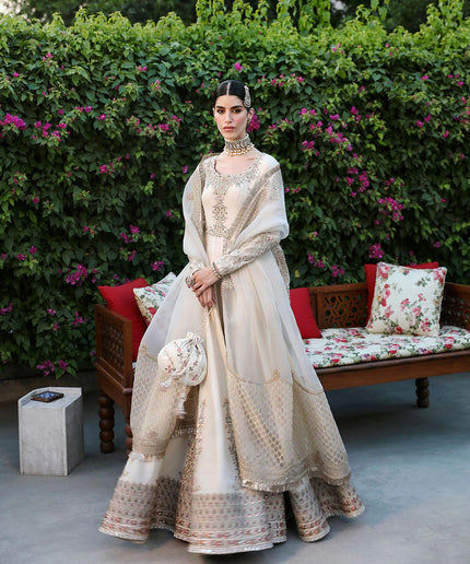 Faiza Saqlain | Off-White Raw Silk Embroidered Pishwas Churidaar