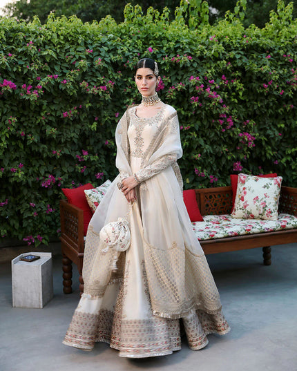 Faiza Saqlain | Off-White Raw Silk Embroidered Pishwas Churidaar