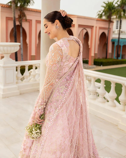 Faiza Saqlain | Powder Pink Net Embroidered Maxi Dress