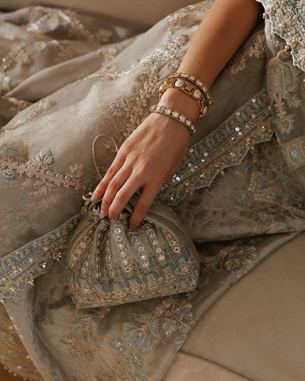 Faiza Saqlain | Light Stone Gray Embroidered Tissue Suit