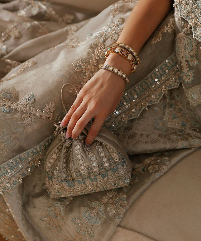 Faiza Saqlain | Light Stone Gray Embroidered Tissue Suit