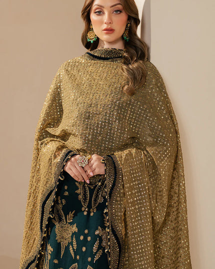 Kaya | Teal Green Embroidered Chiffon Velvet Appliqued Lehenga