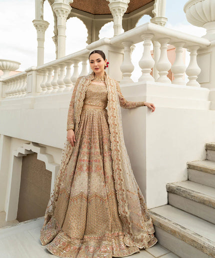 Faiza Saqlain | Ivory Gold Net Embroidered Sequenced Lehenga Choli