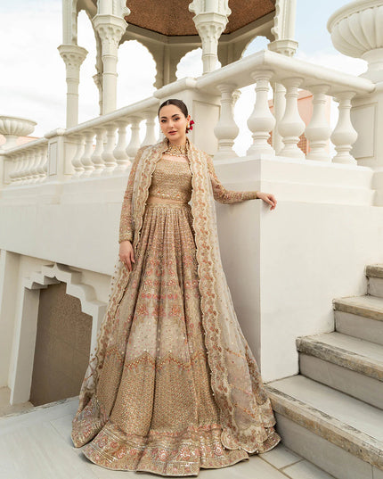 Faiza Saqlain | Ivory Gold Net Embroidered Sequenced Lehenga Choli