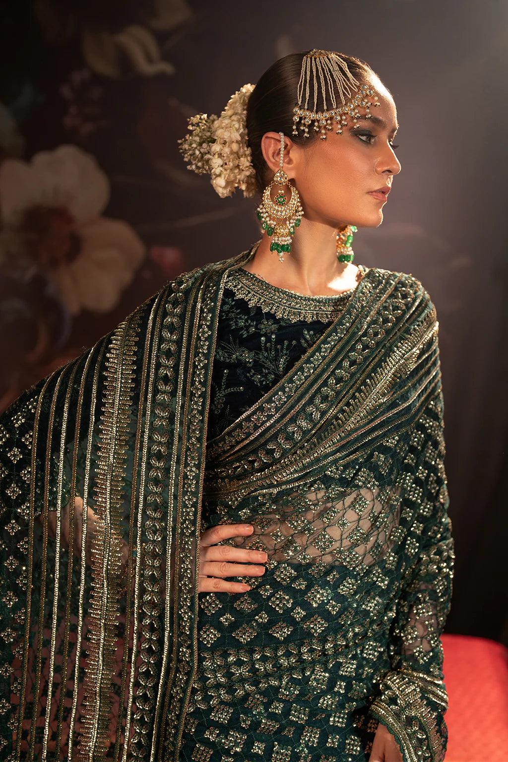 Iznik | Teal Embroidered Net Velvet Saree