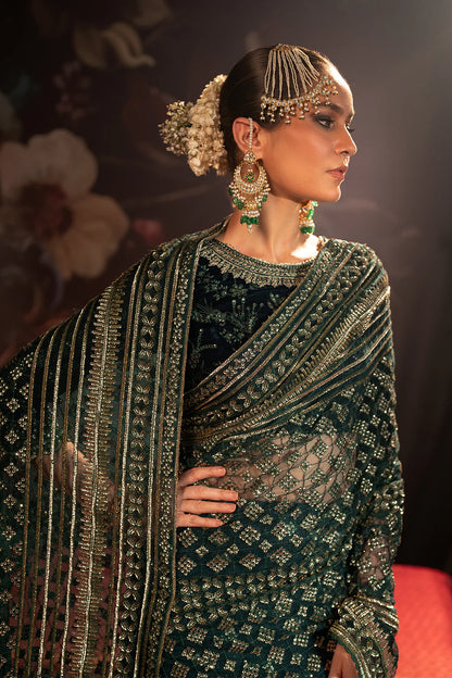 Iznik | Teal Embroidered Net Velvet Saree