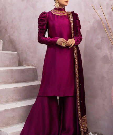 Sabrina | Magenta Silk Embellished Suit with Velvet Shawl