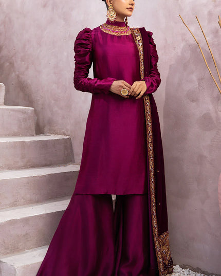 Sabrina | Magenta Silk Embellished Suit with Velvet Shawl