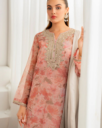 Baroque | Pink Embroidered Cotton Net Suit