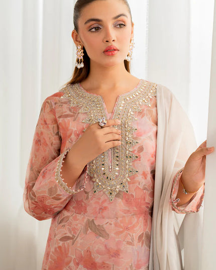 Baroque | Pink Embroidered Cotton Net Suit