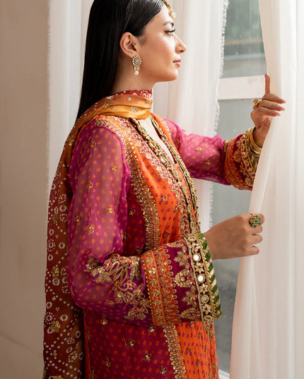 Baroque | Orange Digital Chiffon Embroidered Suit