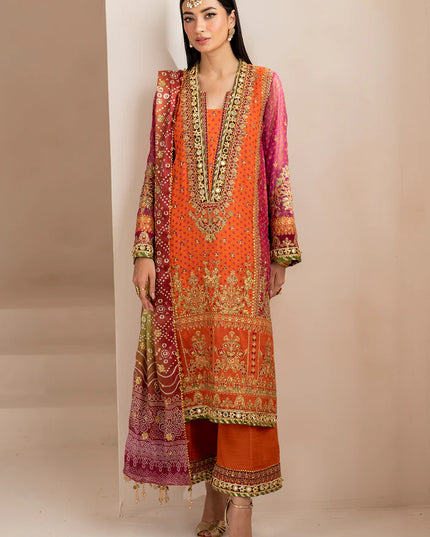 Baroque | Orange Digital Chiffon Embroidered Suit