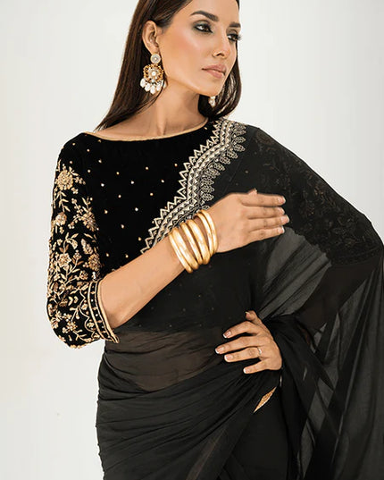Armish | Black Velvet Embellished Saree